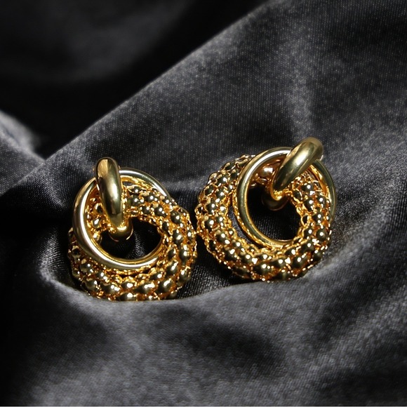 Jewelry - Gold Stainless Steel Textured Beaded Door Knocker Hoop Earrings JW053